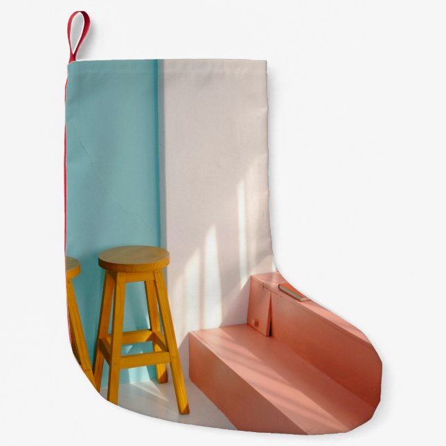 Two yellow wooden bar stools small christmas stocking (Front)