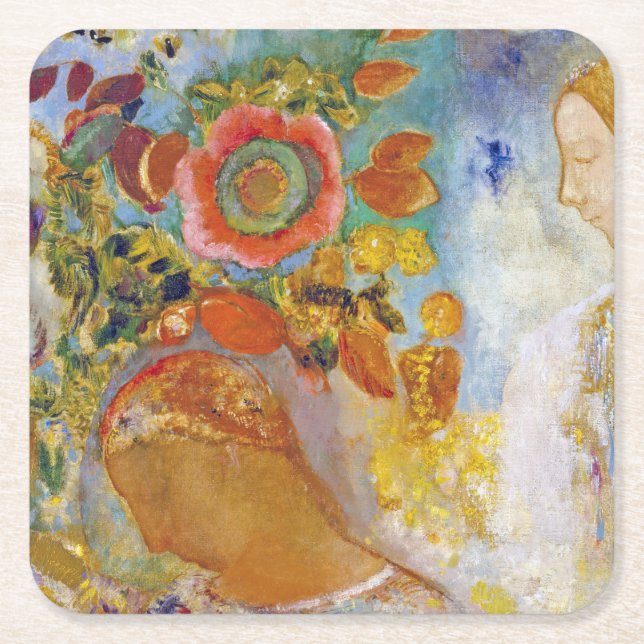Two Young Girls among Flowers, Redon Square Paper Coaster (Front)