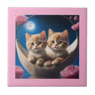 Two Young Kittens In A Basket With Pink Roses Ceramic Tile