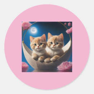 Two Young Kittens In A Basket With Pink Roses Classic Round Sticker