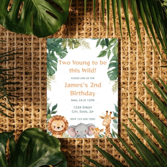 Two Young Safari Jungle Animals 2nd Birthday Invitation (Creator Uploaded)