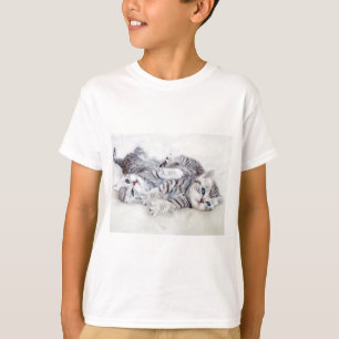Two young shorthair silver tabby cats play lying T-Shirt
