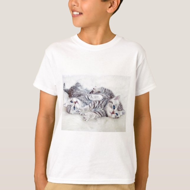 Two young shorthair silver tabby cats play lying T-Shirt (Front)