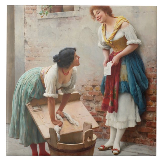 Two Young Washerwomen Sharing the News Ceramic Tile (Front)