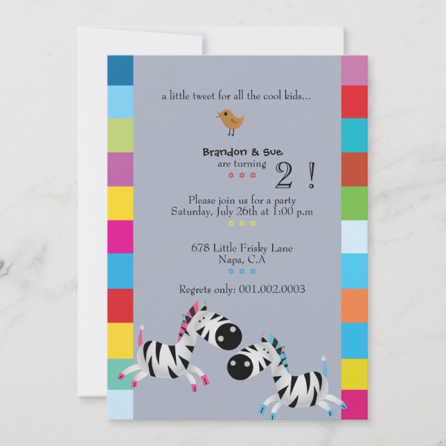 Two Zebras - Blue twins birthday party invites (Front)
