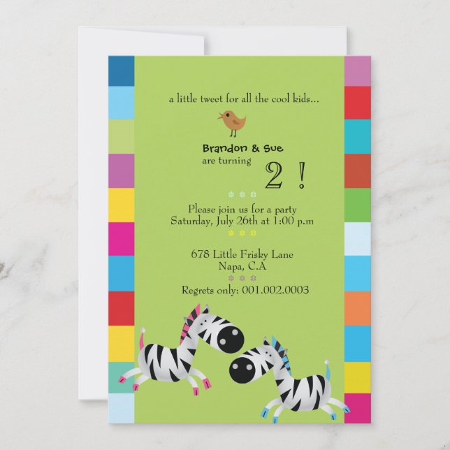 Two Zebras - Green twins birthday party invites (Front)