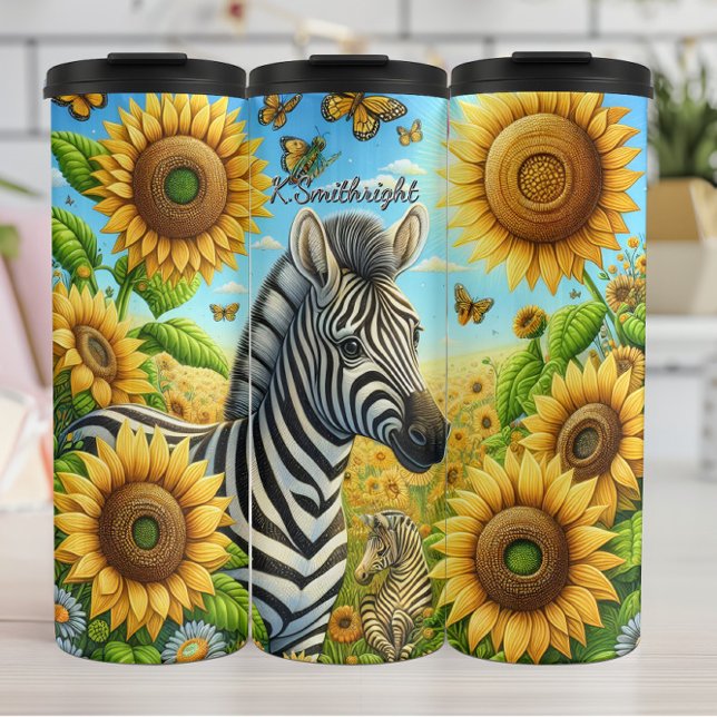 Two Zebras in a Sunflower Field Thermal Tumbler (Creator Uploaded)