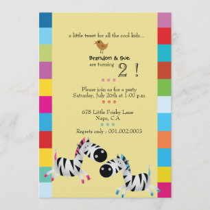Two Zebras - Yellow  twins birthday party invites