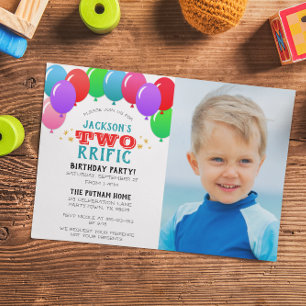 TWOrrific 2nd Birthday Balloon Blue Photo Invitation