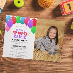 TWOrrific 2nd Birthday Balloon Purple Photo Invitation