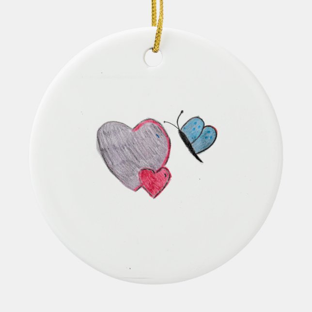 Twos Hearts with Butterfly  Ceramic Ornament (Front)