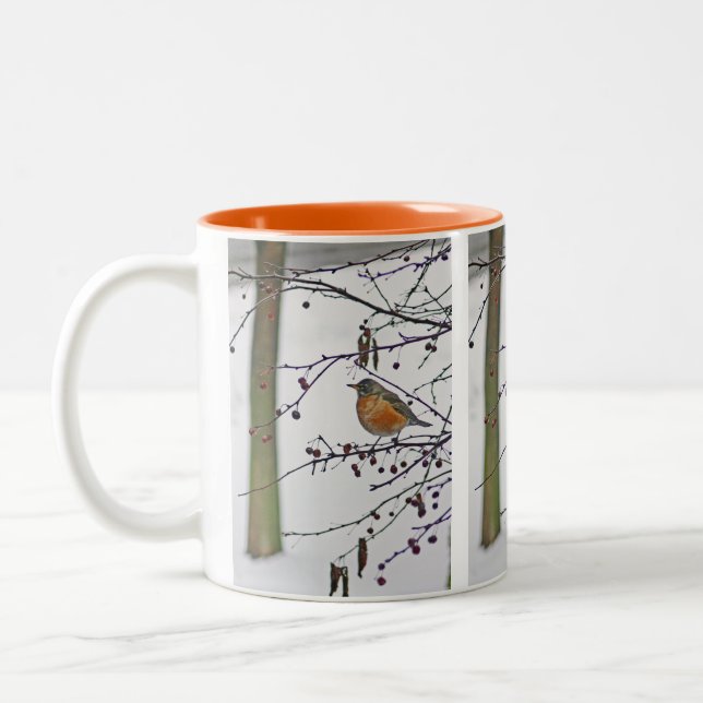 TwoToneMug, ROBIN ON TREE BRANCH" Two-Tone Coffee Mug (Left)