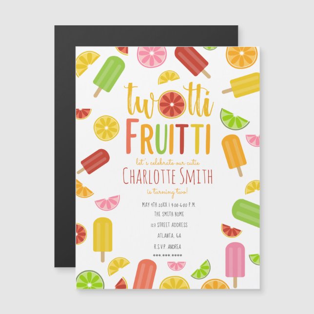 Twotti Fruitti Citrus Ice Pops Second Birthday Magnetic Invitation (Front/Back)