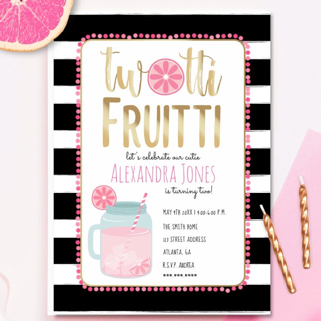 Twotti Fruitti Pink Lemon Black + White Birthday Invitation (Creator Uploaded)