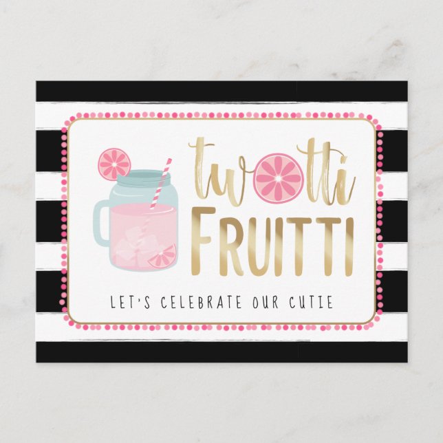 Twotti Fruitti Pink Lemon Black + White Birthday Invitation Postcard (Front)