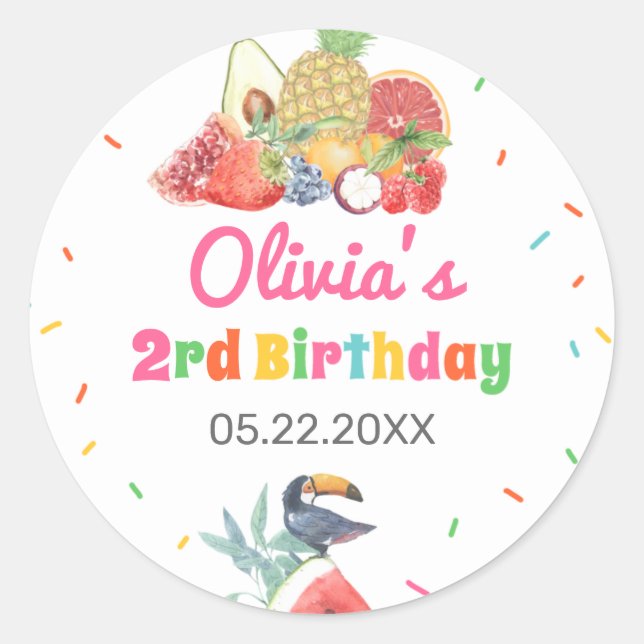 Twotti Fruitti Tropical Fruits Toucan Birthday Classic Round Sticker (Front)