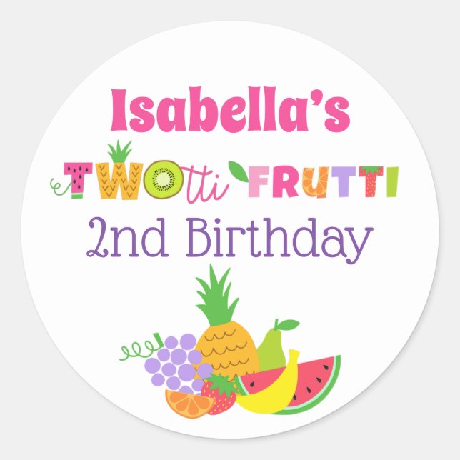TWOtti Frutti 2nd Birthday Party Favour Stickers (Front)