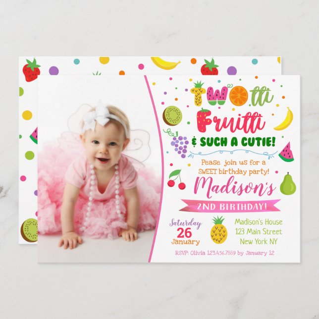 Twotti frutti 2nd birthday party invitation (Front/Back)