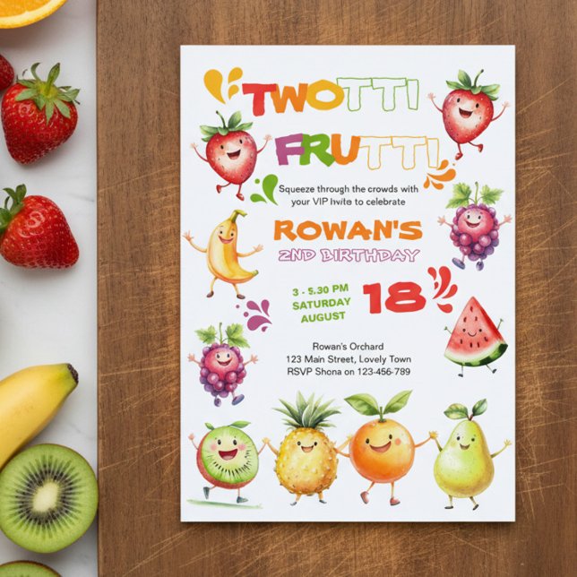Twotti Frutti Colourful Fruity Fun 2nd Birthday Invitation (Colorful twotti frutti 2nd birthday invitation by Darling & May)