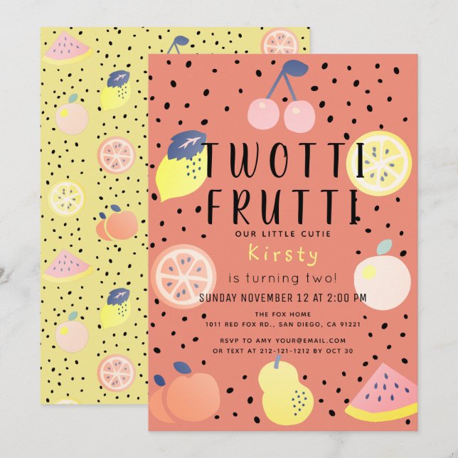Twotti Frutti Fruit Orange 2nd Birthday Invitation (Front/Back)