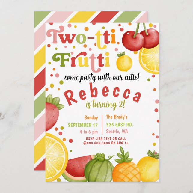 Twotti Frutti Fruity Fun Second Birthday Party Invitation (Front/Back)
