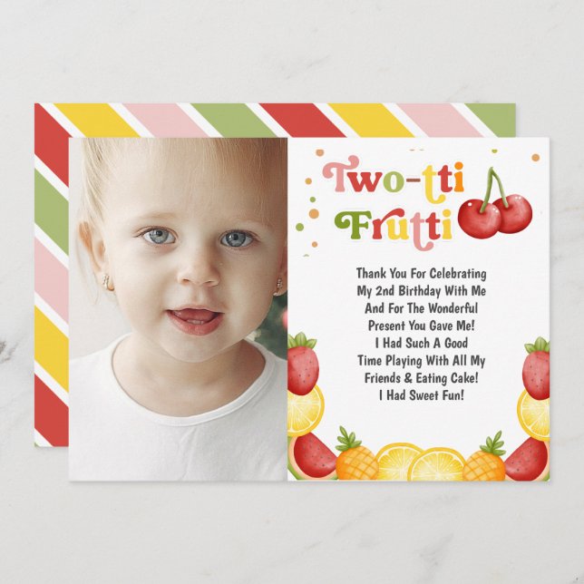 Twotti Frutti Fruity Fun Second Birthday Party Thank You Card (Front/Back)