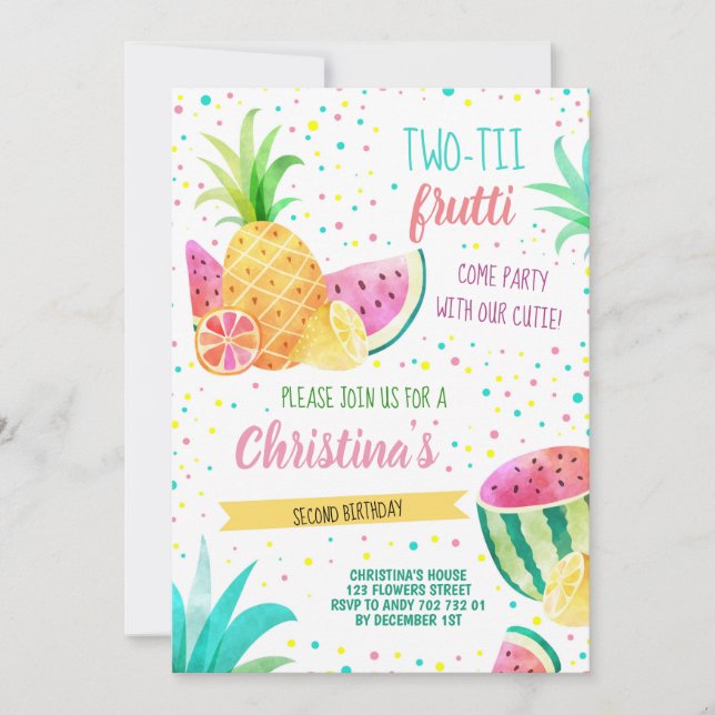 Twotti Frutti Girl 2nd Birthday Tropical Summer Invitation (Front)