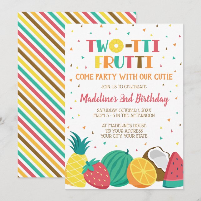 Twotti Frutti Girls Second Birthday Fruit Theme Invitation (Front/Back)