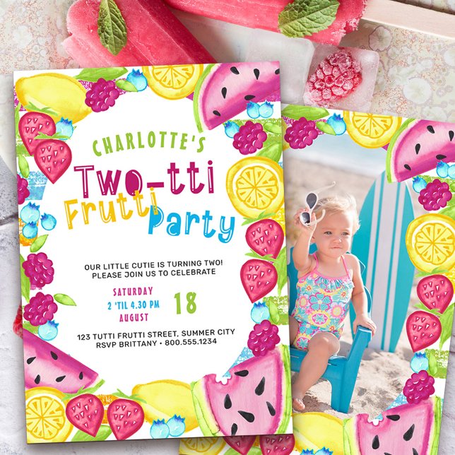 TWOtti Frutti Party 2nd Birthday Photo Invitation (Two-tti frutti such a cutie 2nd birthday invitation with photo on the back)