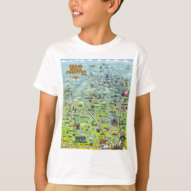 TX Hill Country Cartoon Map T-Shirt (Front)