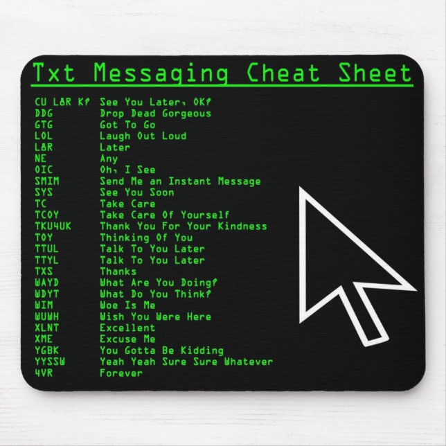 Txt Messaging Cheat Sheet Mouse Pad (Front)