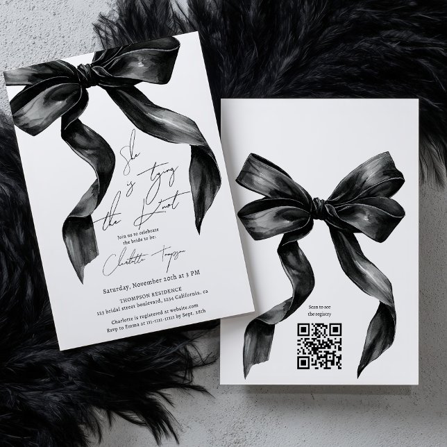 Tying Knot Black Coquette Bow Bridal Shower QR Invitation (Tying Knot Black Coquette Bow Bridal Shower QR Invitation)