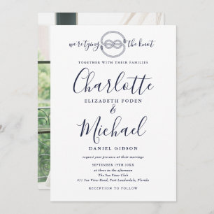 Tying Knot Navy Blue Script Photo Nautical Wedding Invitation