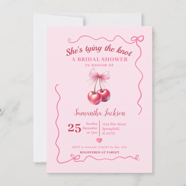 Tying the Knot Cherry Bridal Shower Handdrawn Bow Invitation (Front)