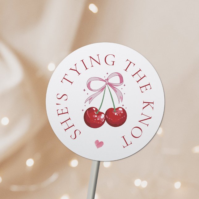 Tying the Knot Chic Modern Cherry Bridal Shower Classic Round Sticker (Creator Uploaded)