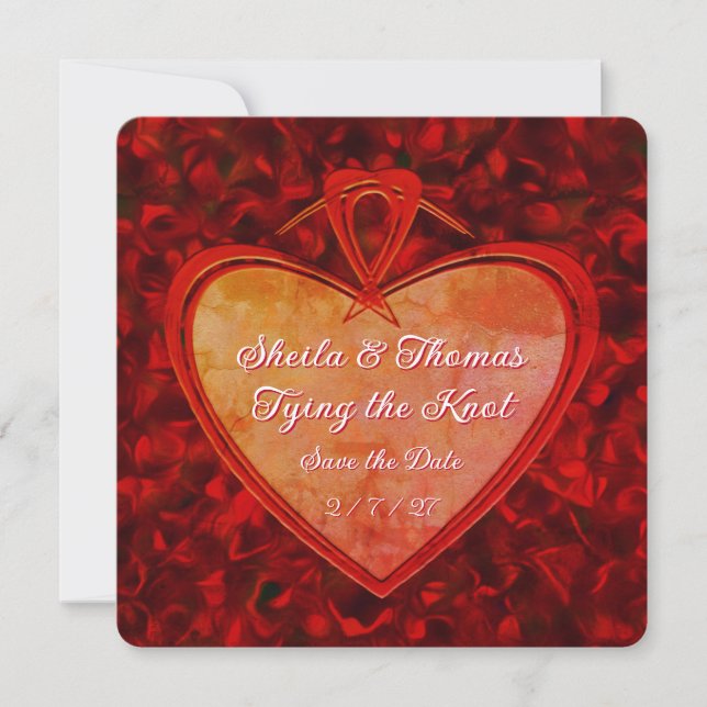 Tying the Knot Distressed Red Heart Rose Petals Save The Date (Front)