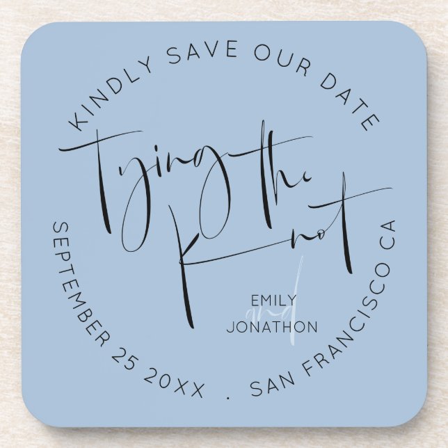 Tying The Knot Dusty Blue Keepsake Save The Date Coaster (Front)