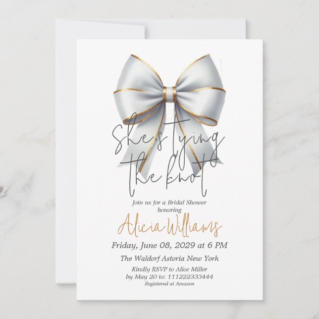 Tying the Knot Gold White Bow Bridal Shower Invitation (Front)