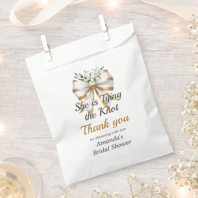 Tying the Knot Gold White Bow Floral Bridal Shower Favour Bag (Clipped)