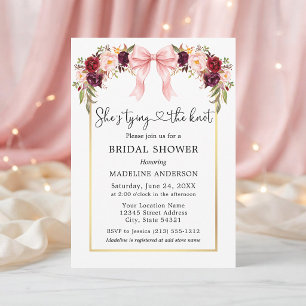 Tying the Knot Heart Pink Bow Floral Bridal Shower Invitation
