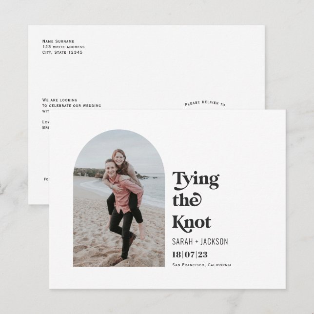 Tying the knot Modern arch Photo save the date Announcement Postcard (Front/Back)