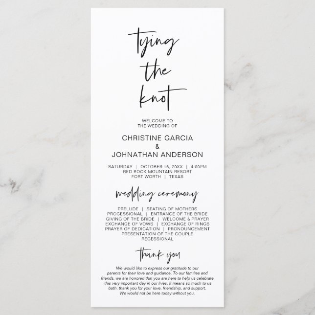 Tying the knot, Modern Minimalist Wedding Program (Front)