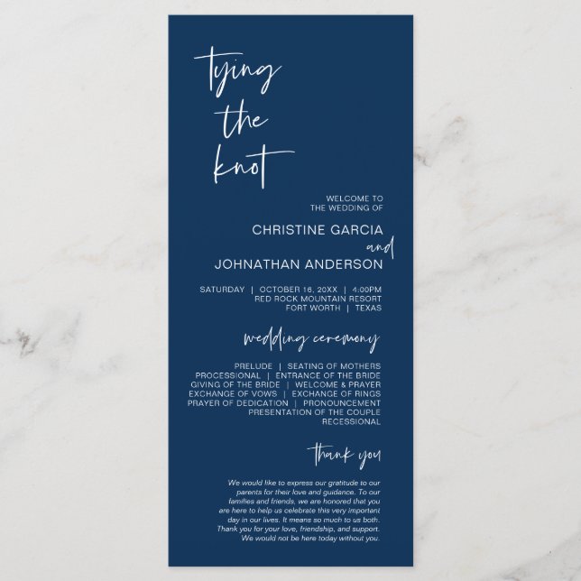 Tying the knot, Modern Navy Blue Wedding Program (Front)