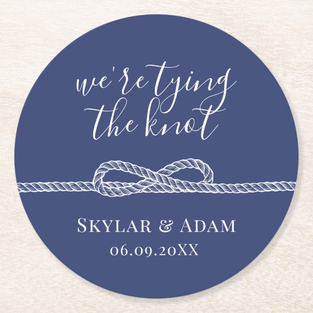 Tying the Knot Nautical Blue Save the Date Round Paper Coaster (Front)