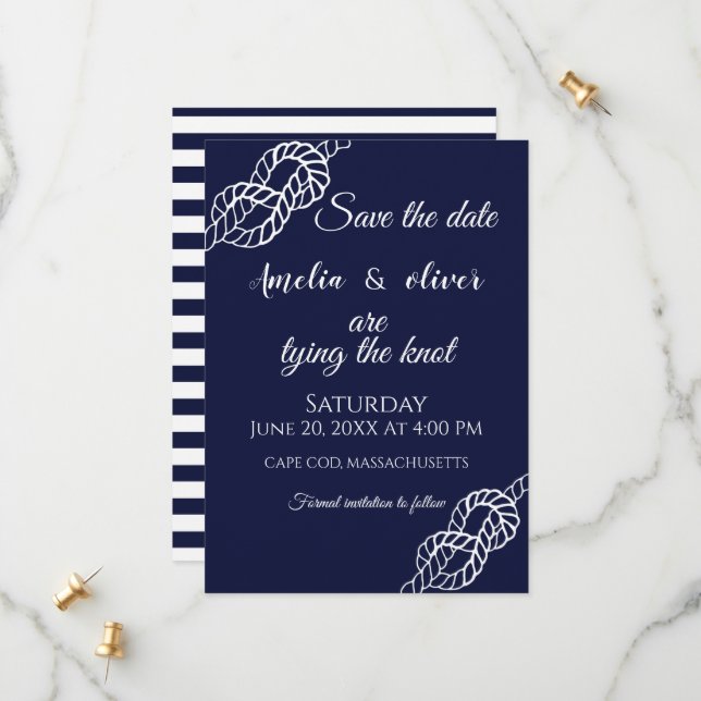 Tying The Knot Nautical Rope White & Navy Wedding Save The Date (Front/Back In Situ)
