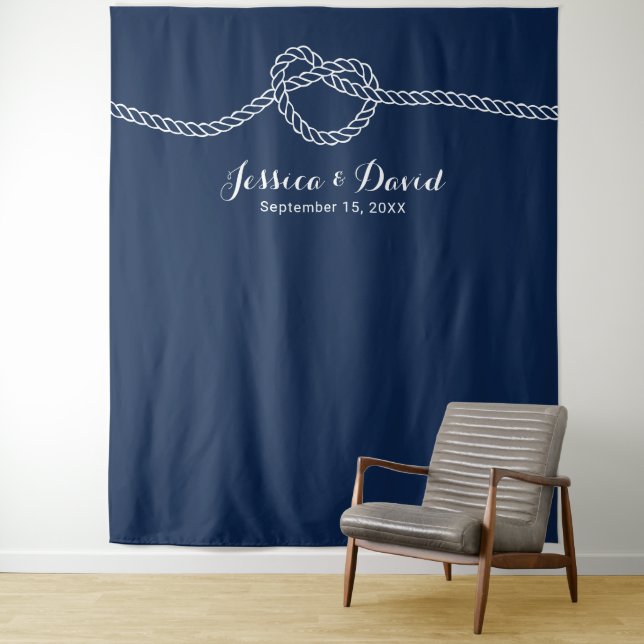 Tying the Knot Navy Blue Summer Wedding Backdrops Tapestry (In Situ)