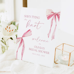 Tying the Knot Pink Bow Bridal Shower Welcome Pedestal Sign