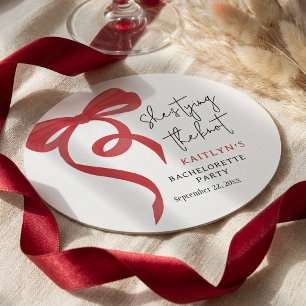 Tying the Knot Red Coquette Bow Bachelorette Party Round Paper Coaster