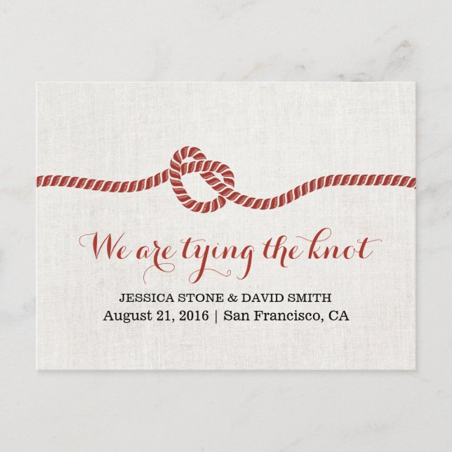 Tying the Knot Red Rope Save the Date Wedding Announcement Postcard (Front)