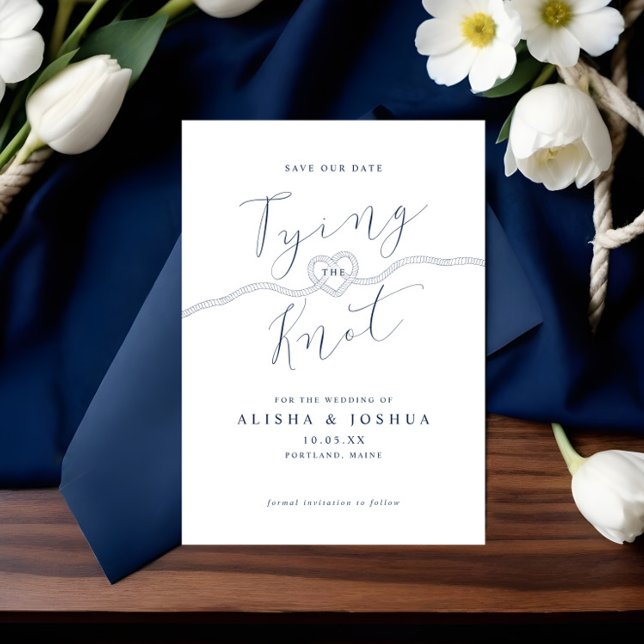 Tying The Knot Rope Heart Nautical Navy & White Save The Date (Tying The Knot Rope Heart Nautical Navy & White Save The Date)